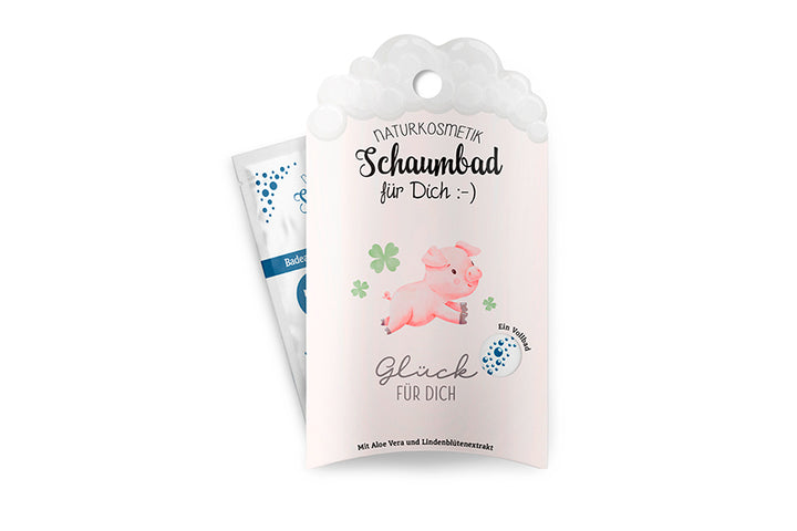 Geschenk für Dich Naturkosmetik Schaumbad mit Glücksschwein & Kleeblatt Motiv und Aufschrift „Glück für Dich“.