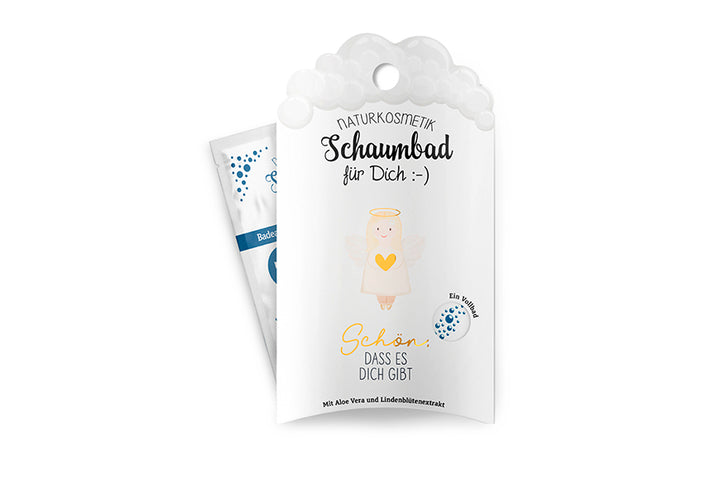 Geschenk für Dich Naturkosmetik Schaumbad mit Engel-Motiv & Aufschrift „Schön, dass es Dich gibt“.