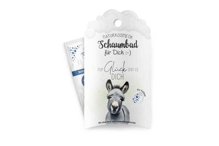 Naturkosmetik Schaumbad mit Esel-Motiv und liebevollem Spruch „Zum Glück gibt es Dich“ von Geschenk für Dich