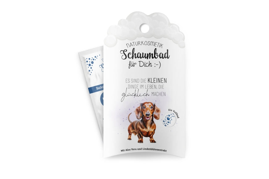 Naturkosmetik Schaumbad „Es sind die kleinen Dinge im Leben, die glücklich machen“ von Geschenk für Dich mit süßem Dackel Motiv