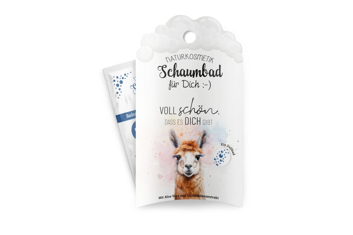 Naturkosmetik Schaumbad „Voll schön, dass es Dich gibt“ von Geschenk für Dich mit süßem Alpaka-Motiv