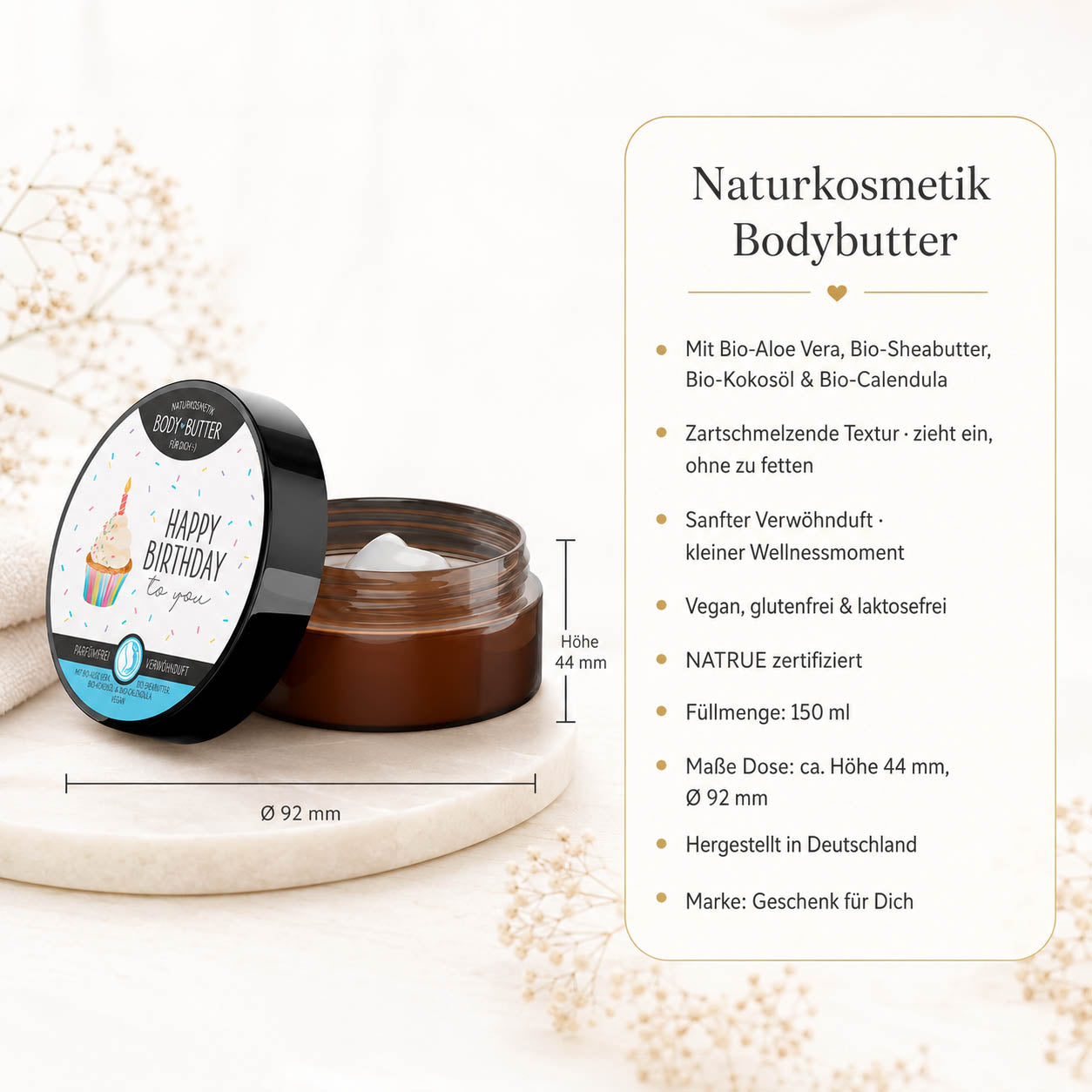 Infografik Bodybutter „Happy Birthday to you": 150 ml, NATRUE-Naturkosmetik, vegan, Bio-Sheabutter