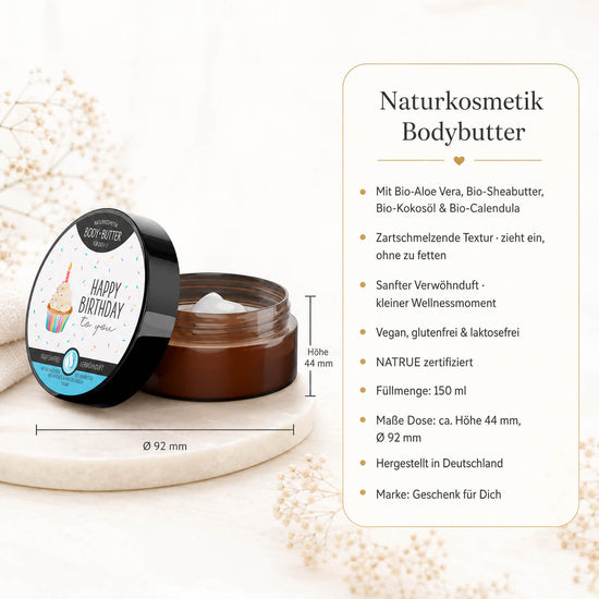 Infografik Bodybutter „Happy Birthday to you": 150 ml, NATRUE-Naturkosmetik, vegan, Bio-Sheabutter
