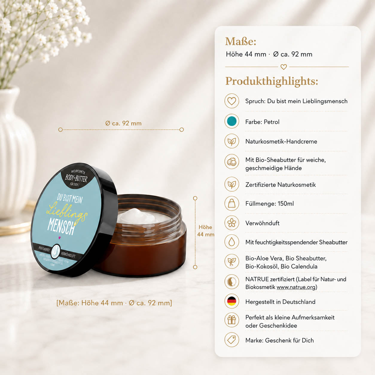 Naturkosmetik Bodybutter „Du bist mein Lieblingsmensch“ Petrol – Geschenk für Dich (Highlight)