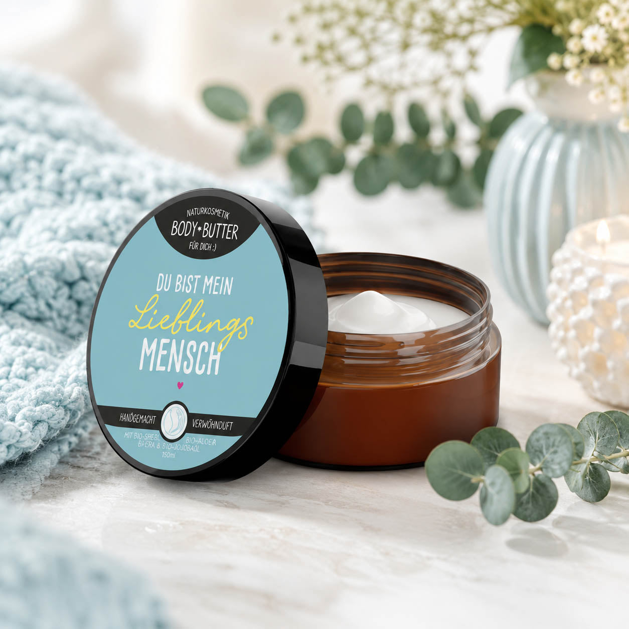 Naturkosmetik Bodybutter „Du bist mein Lieblingsmensch“ Petrol – Geschenk für Dich (Moodbild)