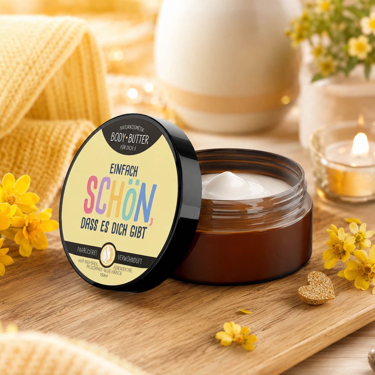 Naturkosmetik Bodybutter „Einfach schön, dass es dich gibt“ Gelb – Geschenk für Dich (Moodbild)