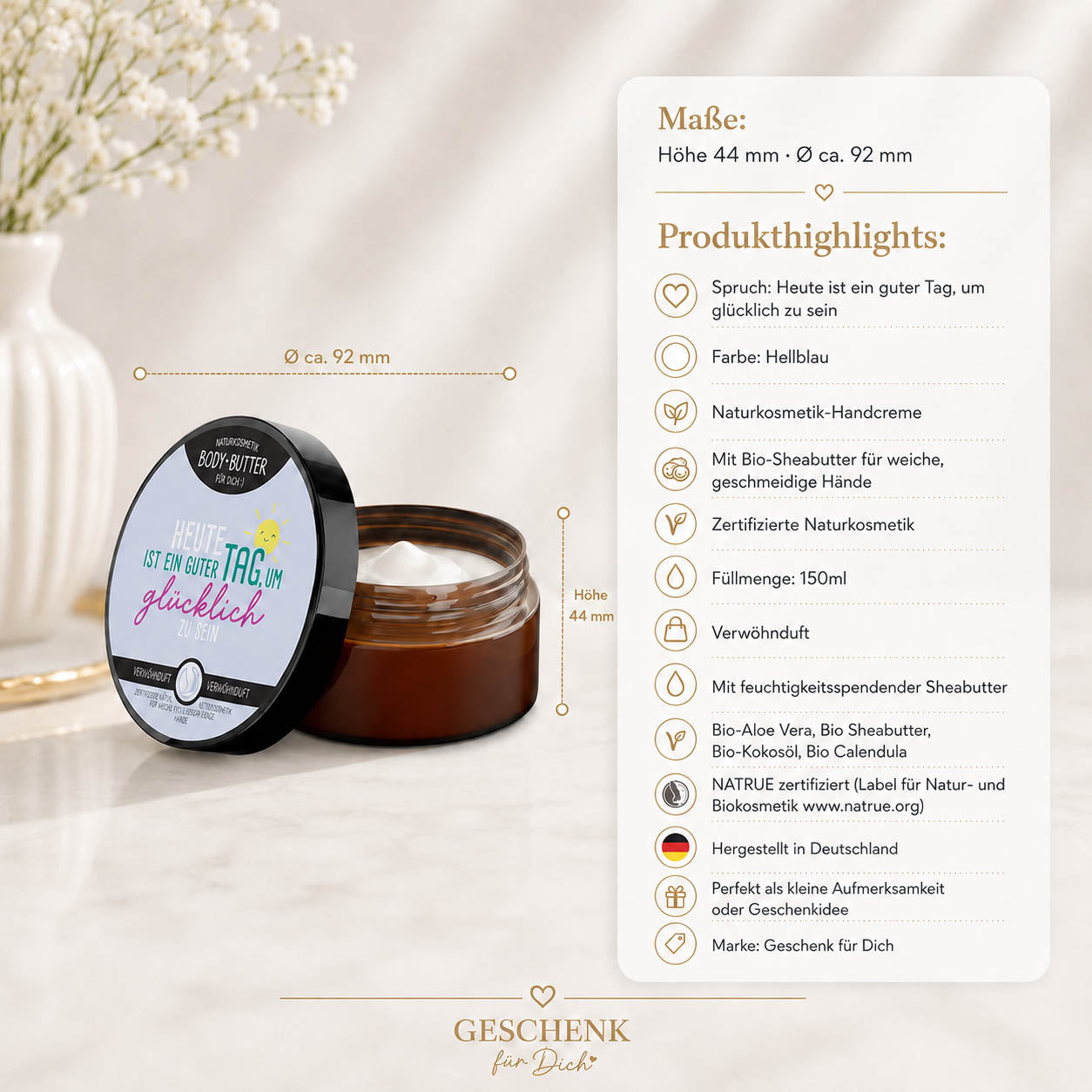Naturkosmetik Bodybutter „Heute ist ein guter Tag, um glücklich zu sein“ Hellblau – Geschenk für Dich (Highlight)
