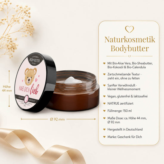 Infografik Bodybutter „Hab Dich lieb": 150 ml, NATRUE-Naturkosmetik, vegan, Bio-Sheabutter