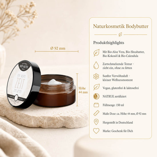 Infografik Bodybutter „Die beste Zeit ist jetzt": 150 ml, NATRUE-Naturkosmetik, vegan, Bio-Sheabutter