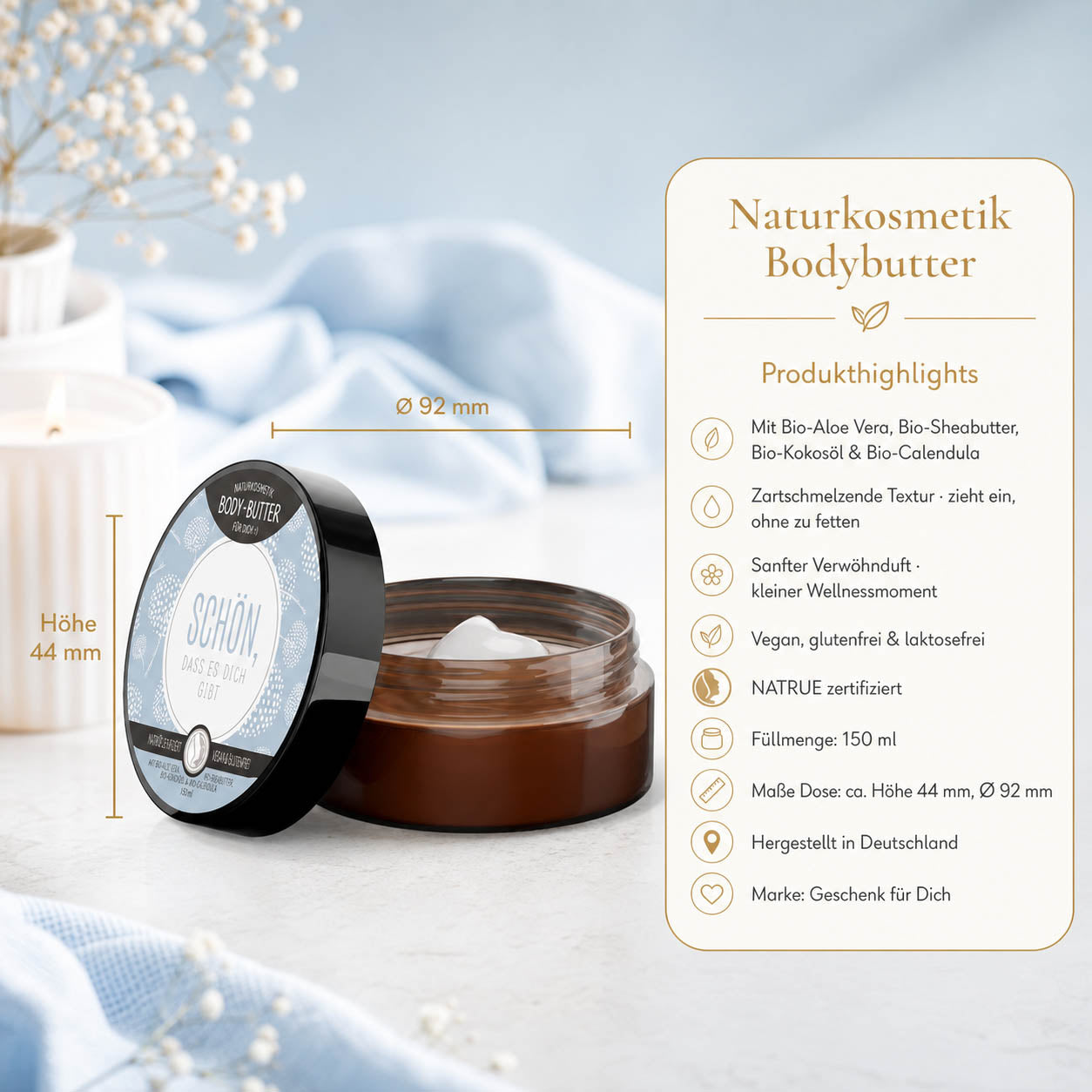 Infografik Bodybutter „Schön, dass es Dich gibt": 150 ml, NATRUE-Naturkosmetik, vegan, Bio-Sheabutter