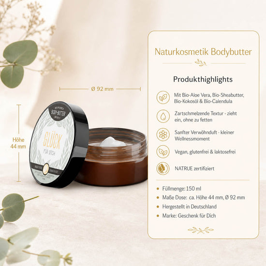 Infografik Bodybutter „Glück für Dich": 150 ml, NATRUE-Naturkosmetik, vegan, Bio-Sheabutter