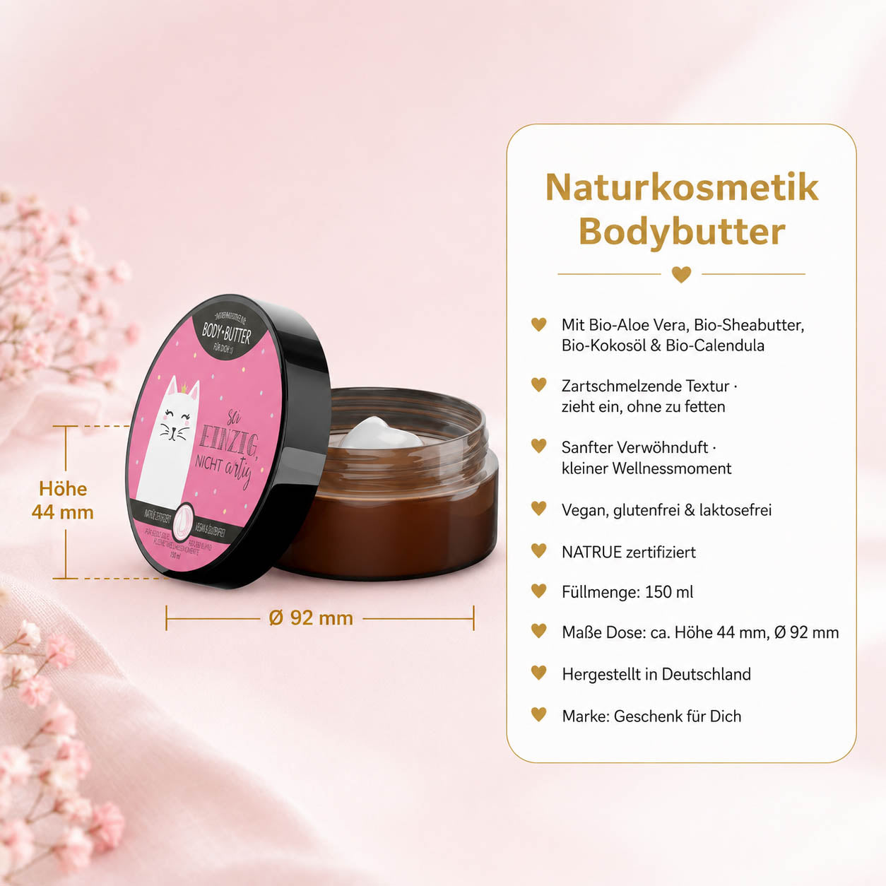 Infografik Bodybutter „Sei einzig, nicht artig“: 150 ml, NATRUE-Naturkosmetik, vegan, Bio-Sheabutter