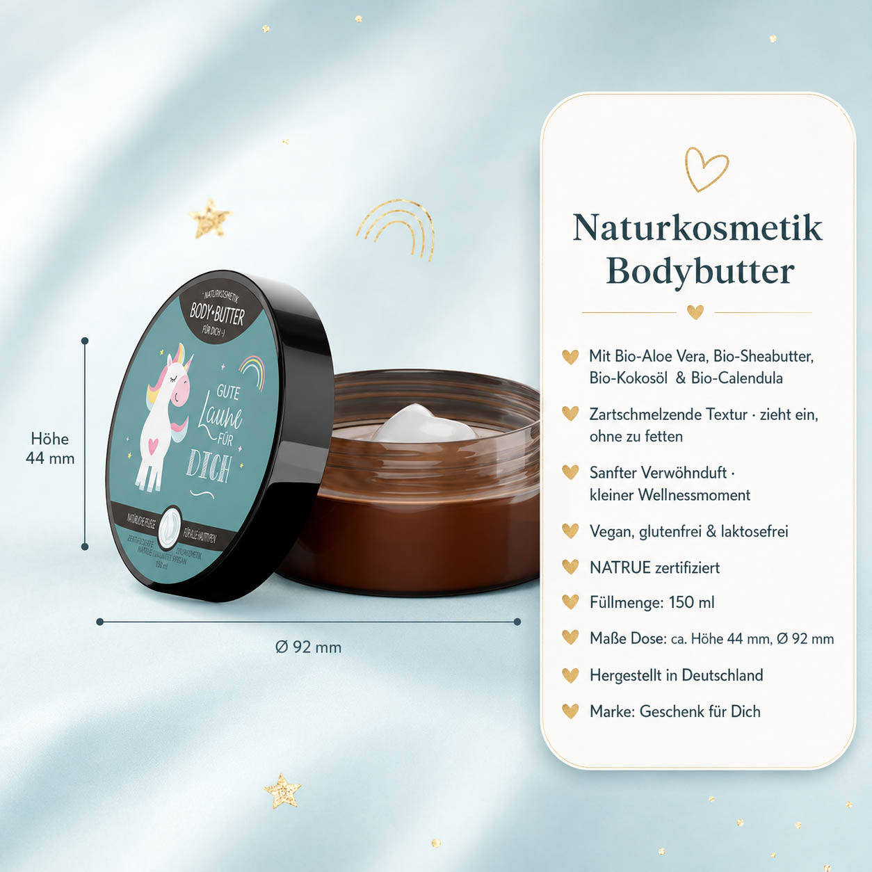 Infografik Bodybutter „Gute Laune für Dich“: 150 ml, NATRUE-Naturkosmetik, vegan, Bio-Sheabutter