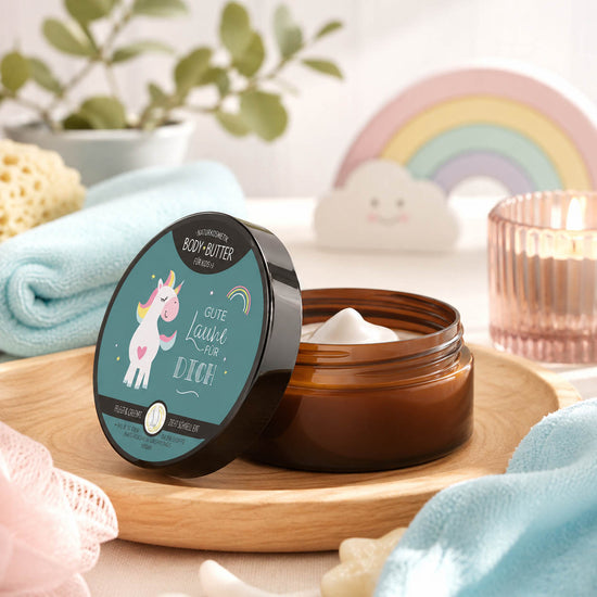 Bodybutter „Gute Laune für Dich“ Einhorn in Anwendung – Naturkosmetik von Geschenk für Dich