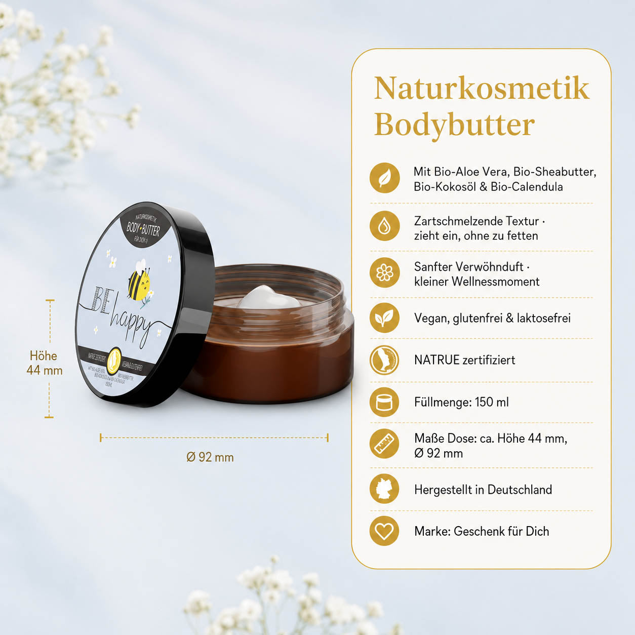 Infografik Bodybutter „Be Happy“: 150 ml, NATRUE-Naturkosmetik, vegan, Bio-Sheabutter