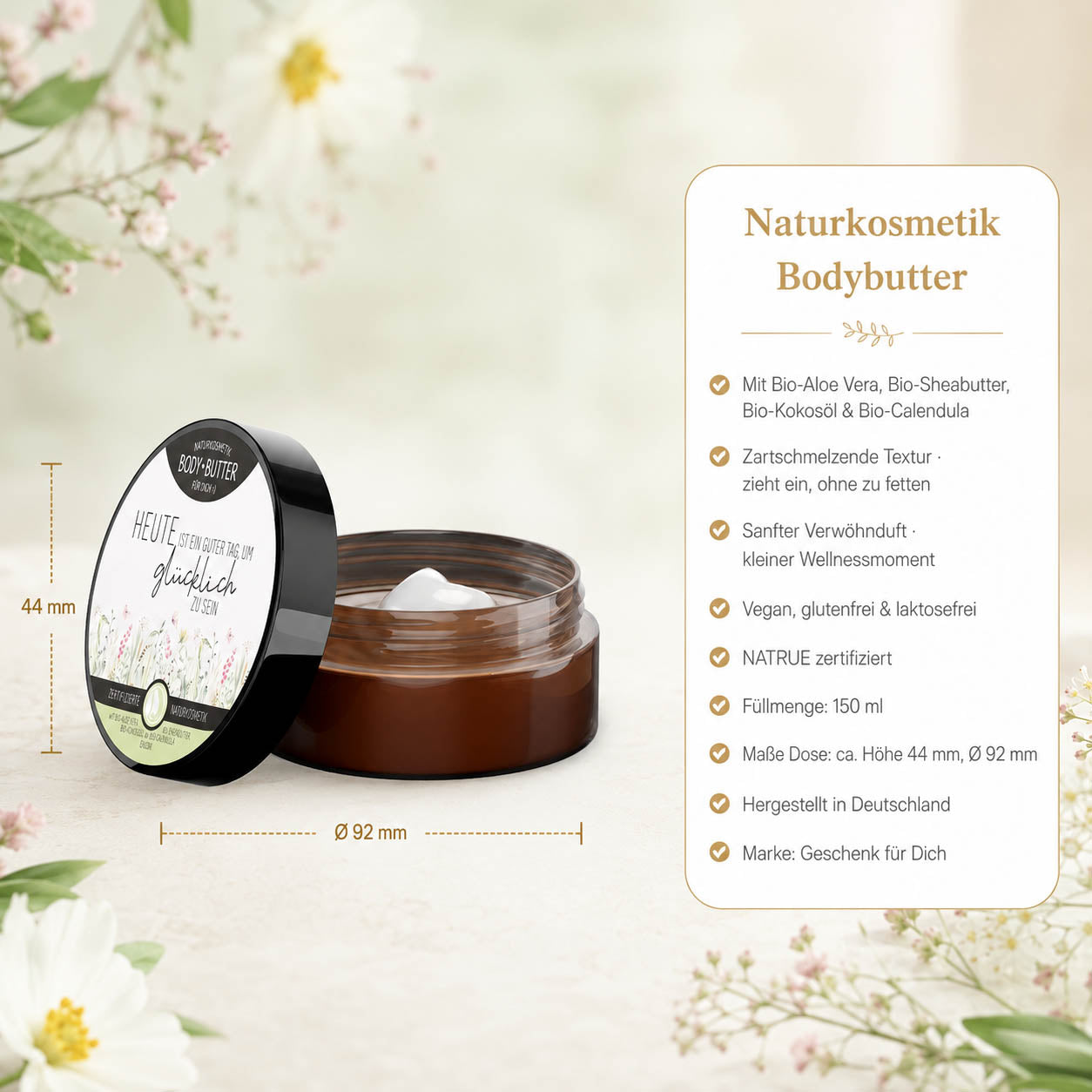 Infografik Bodybutter „Heute ist ein guter Tag“: 150 ml, NATRUE-Naturkosmetik, vegan, Bio-Sheabutter