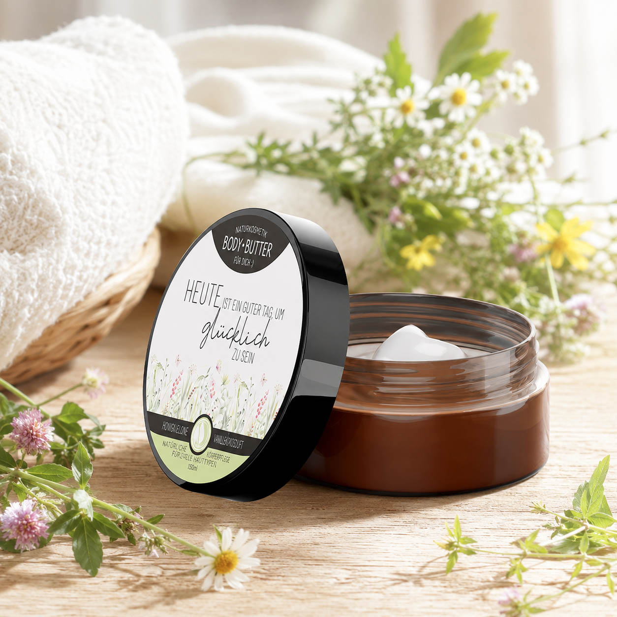 Bodybutter „Heute ist ein guter Tag, um glücklich zu sein“ in Anwendung – Naturkosmetik von Geschenk für Dich