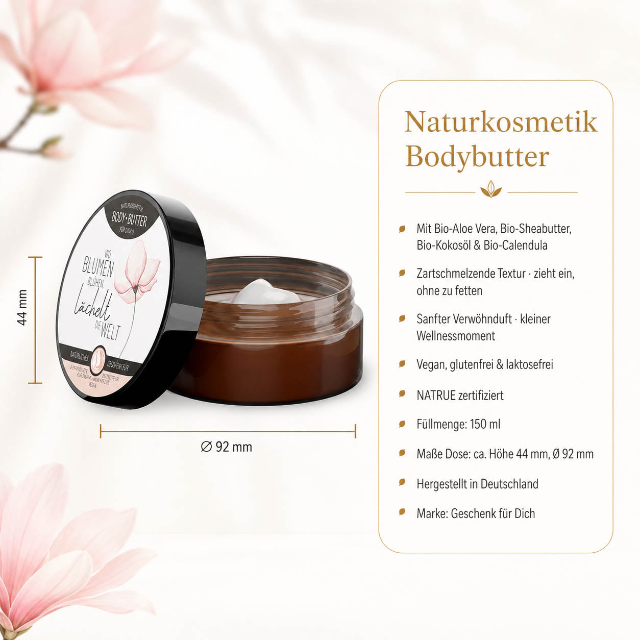 Infografik Bodybutter „Wo Blumen blühen, lächelt die Welt“: 150 ml, NATRUE-Naturkosmetik, vegan, Bio-Sheabutter