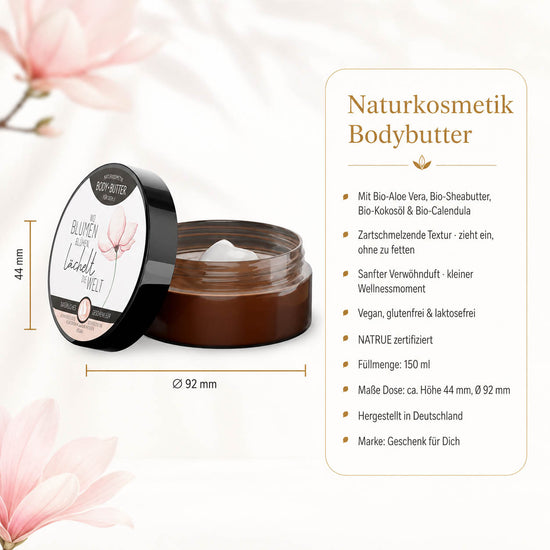 Infografik Bodybutter „Wo Blumen blühen, lächelt die Welt“: 150 ml, NATRUE-Naturkosmetik, vegan, Bio-Sheabutter