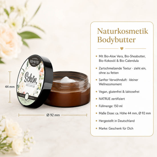 Infografik Bodybutter „Schön, dass es Dich gibt“ Blumen: 150 ml, NATRUE-Naturkosmetik, vegan, Bio-Sheabutter