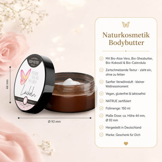 Infografik Bodybutter „Beginne den Tag mit einem Lächeln“: 150 ml, NATRUE-Naturkosmetik, vegan, Bio-Sheabutter