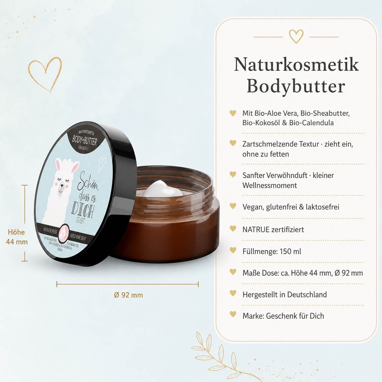 Infografik Bodybutter „Schön, dass es Dich gibt“ Lama: 150 ml, NATRUE-Naturkosmetik, vegan, Bio-Sheabutter