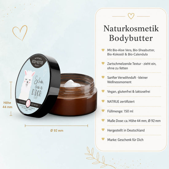 Infografik Bodybutter „Schön, dass es Dich gibt“ Lama: 150 ml, NATRUE-Naturkosmetik, vegan, Bio-Sheabutter