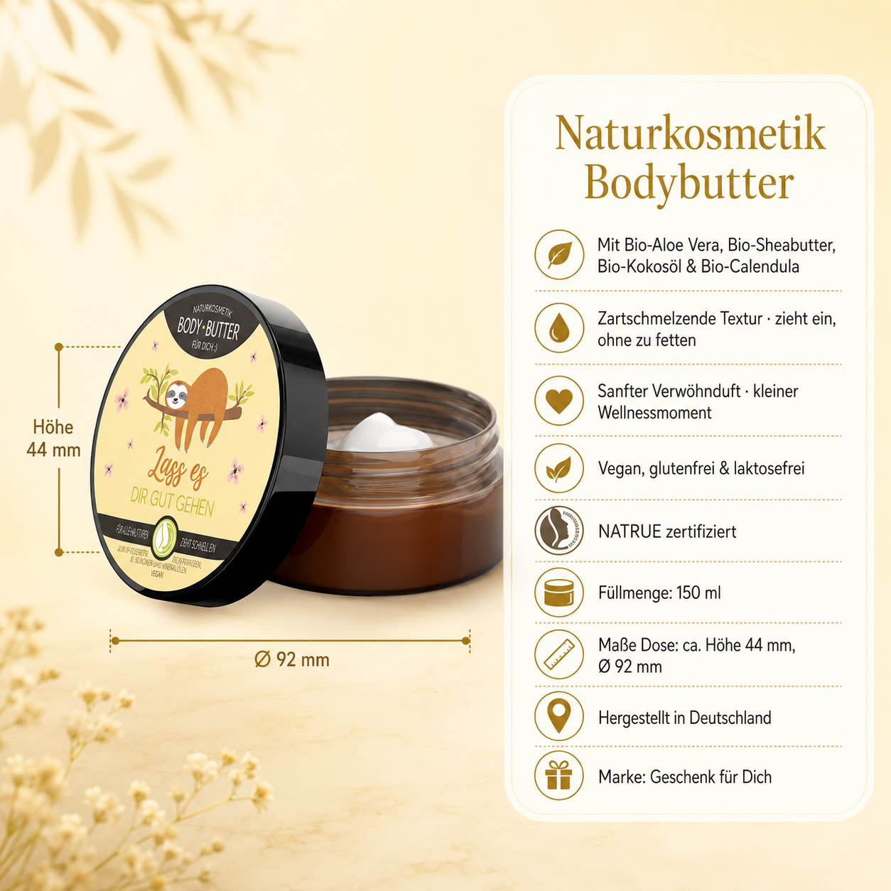 Infografik Bodybutter „Lass es Dir gut gehen“: 150 ml, NATRUE-Naturkosmetik, vegan, Bio-Sheabutter