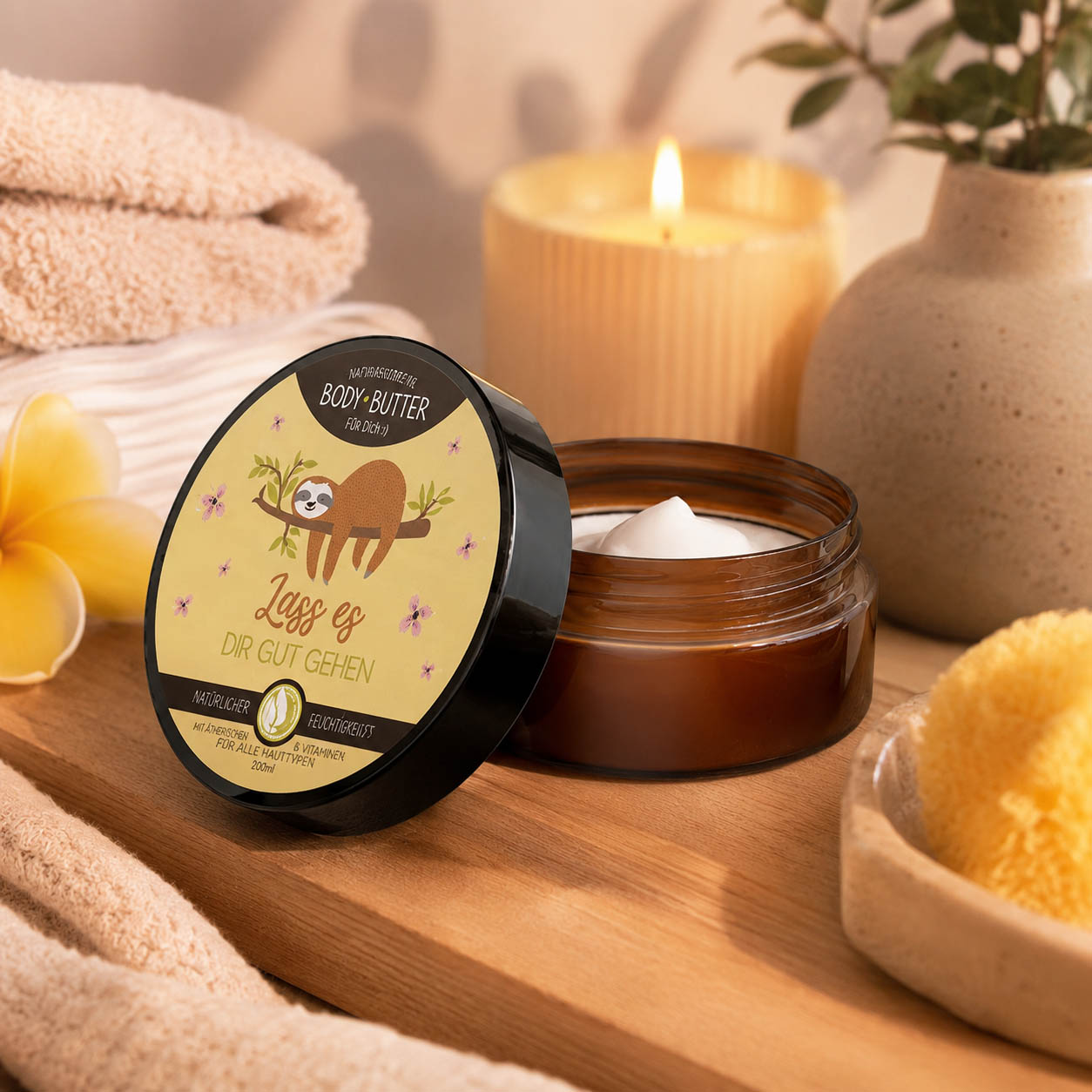 Bodybutter „Lass es Dir gut gehen“ Faultier in Anwendung – Naturkosmetik von Geschenk für Dich