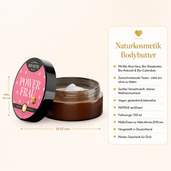 Infografik Bodybutter „Power Frau“: 150 ml, NATRUE-Naturkosmetik, vegan, Bio-Sheabutter