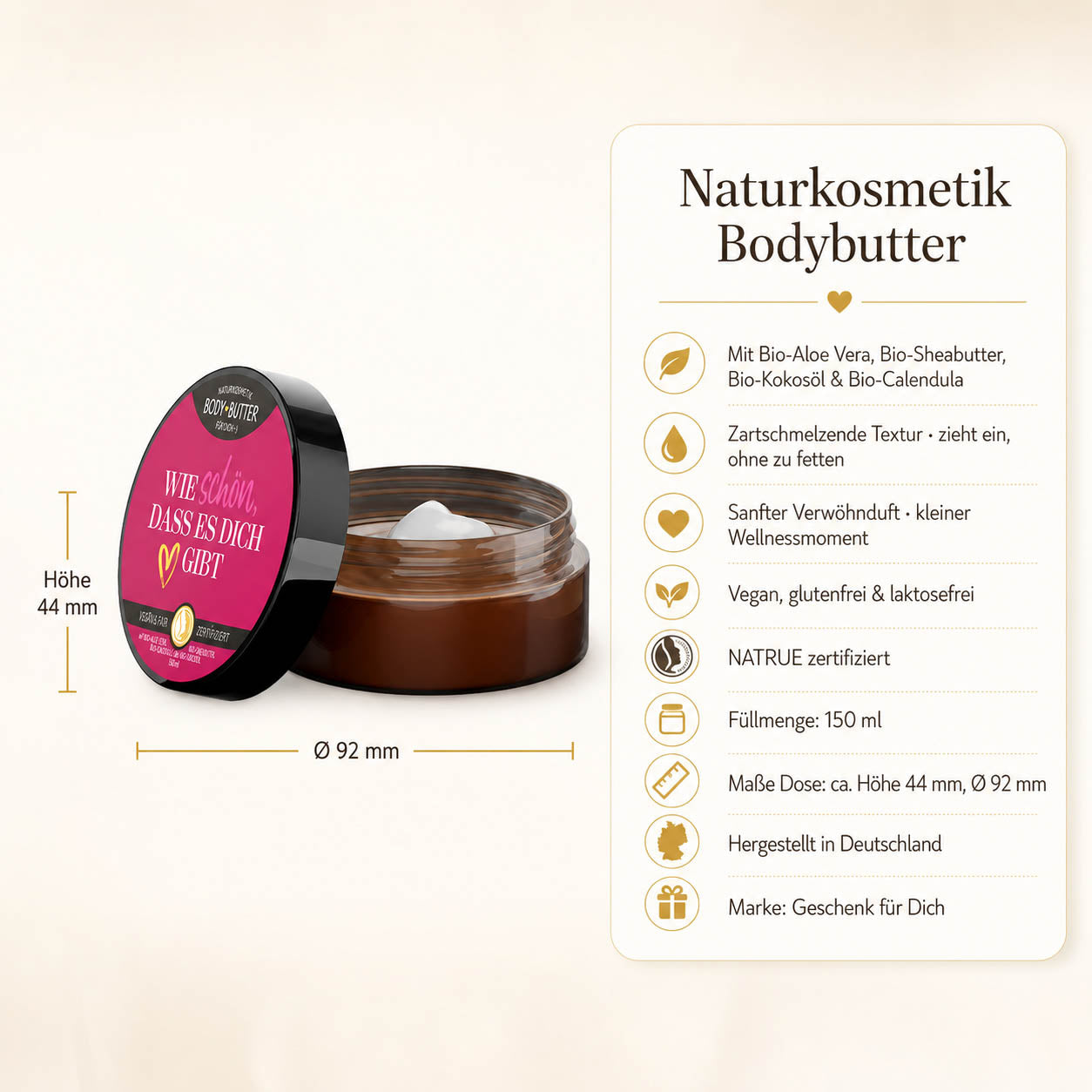 Infografik Bodybutter „Wie schön, dass es Dich gibt“: 150 ml, NATRUE-Naturkosmetik, vegan, Bio-Sheabutter