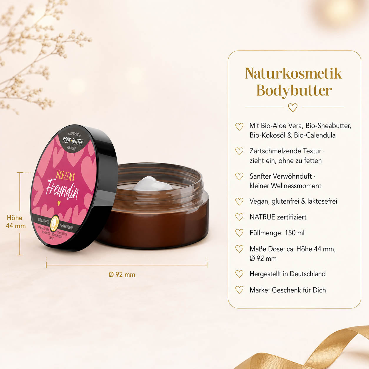Infografik Bodybutter „Herzens Freundin“: 150 ml, NATRUE-Naturkosmetik, vegan, Bio-Sheabutter