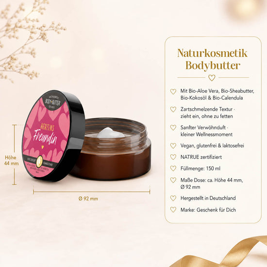 Infografik Bodybutter „Herzens Freundin“: 150 ml, NATRUE-Naturkosmetik, vegan, Bio-Sheabutter