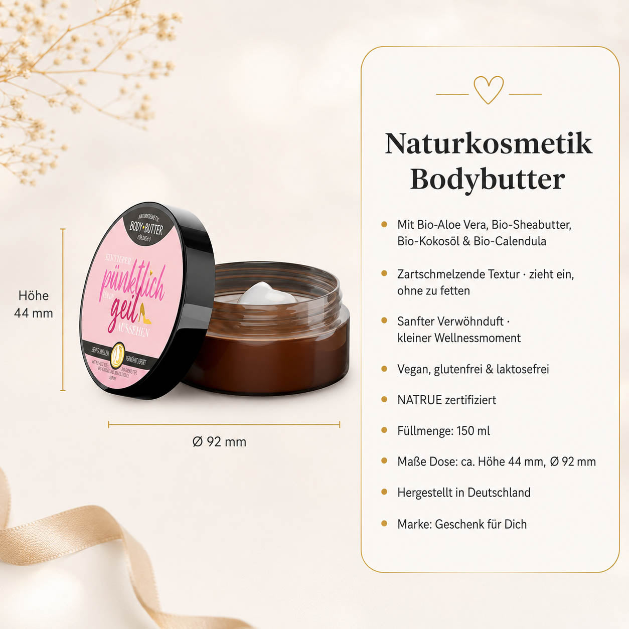 Infografik Bodybutter „Entweder pünktlich oder geil aussehen“: 150 ml, NATRUE-Naturkosmetik, vegan, Bio-Sheabutter