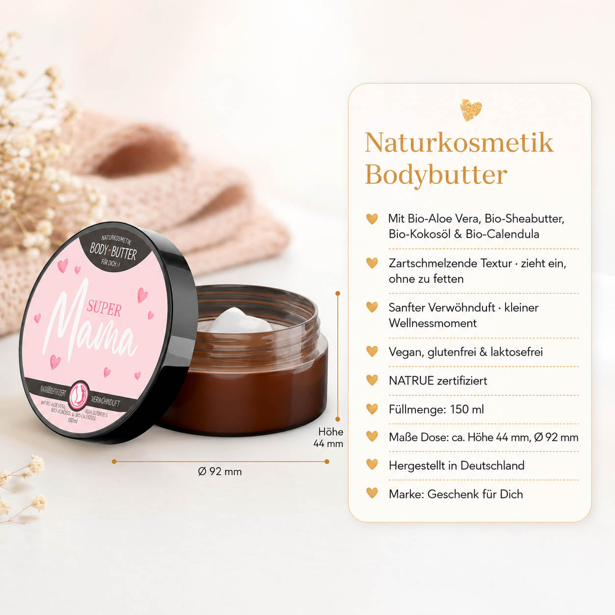 Infografik Bodybutter „Super Mama": 150 ml, NATRUE-Naturkosmetik, vegan, Bio-Sheabutter