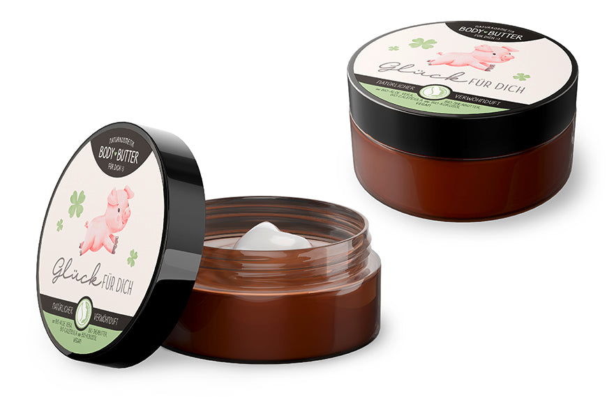 Bodybutter „Glück für Dich“ von Geschenk für Dich – Naturkosmetik mit Bio-Aloe Vera, Sheabutter, Kokosöl &amp; Calendula. Glücksschweinchen- &amp; Kleeblattmotiv