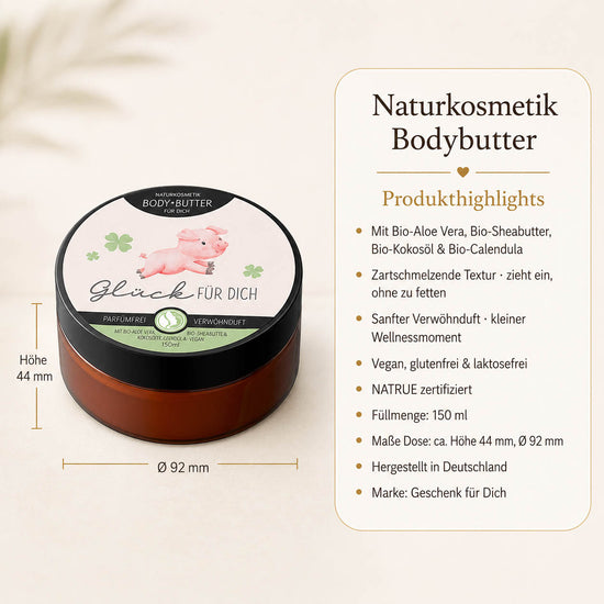 Infografik Bodybutter „Glück für Dich": 150 ml, NATRUE-Naturkosmetik, vegan, Bio-Sheabutter
