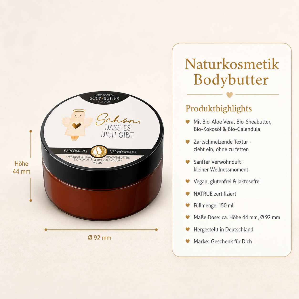 Infografik Bodybutter „Schön, dass es Dich gibt" Engel: 150 ml, NATRUE-Naturkosmetik, vegan, Bio-Sheabutter