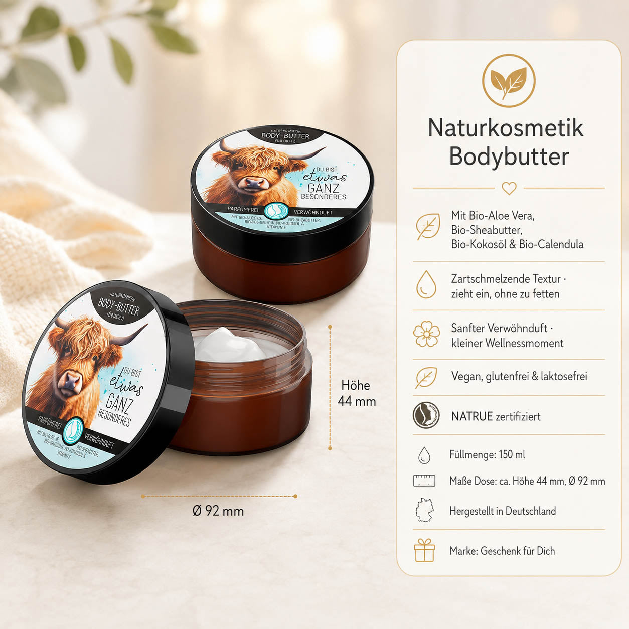 Infografik Bodybutter „Du bist etwas ganz Besonderes“: 150 ml, NATRUE-Naturkosmetik, vegan, Bio-Sheabutter