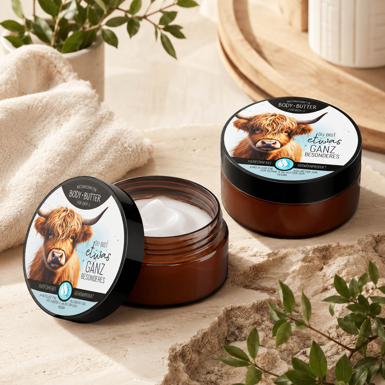 Bodybutter „Du bist etwas ganz Besonderes“ Hochlandrind in Anwendung – Naturkosmetik von Geschenk für Dich