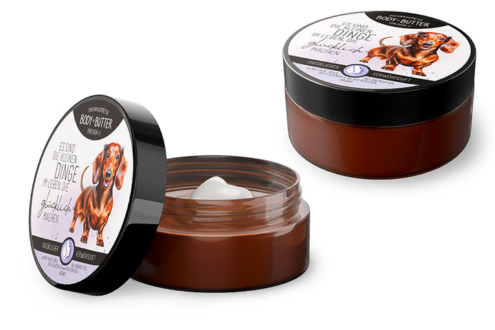 Naturkosmetik Bodybutter mit Spruch „Es sind die kleinen Dinge im Leben, die glücklich machen“ & Dackel Motiv von Geschenk für Dich