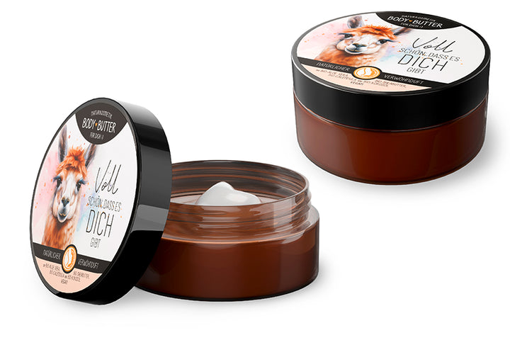 Naturkosmetik Bodybutter mit Spruch "Voll schön, dass es Dich gibt“ & Alpaka Motiv von Geschenk für Dich