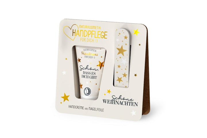 Handpflege-Set „Schöne Weihnachten“ – Naturkosmetik-Handcreme &amp; Nagelfeile in weißer Sterne-Verpackung