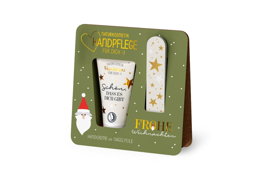 Handpflege-Set „Frohe Weihnachten“ – Naturkosmetik-Handcreme &amp; Nagelfeile in grüner Wichtel-Verpackung