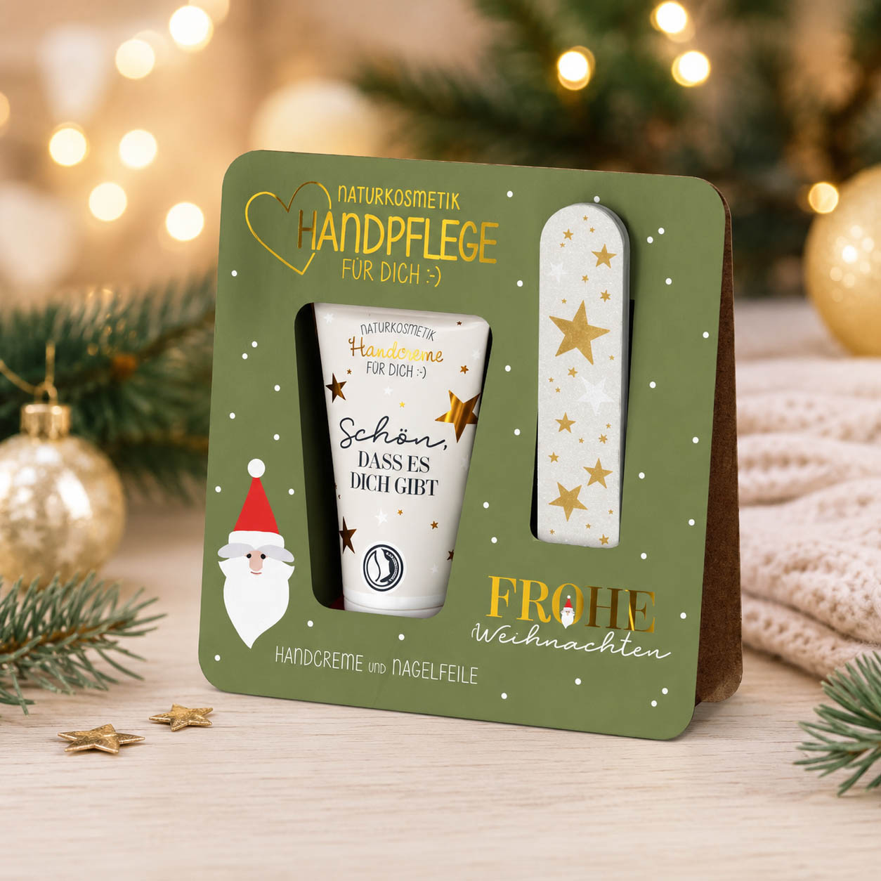 Handpflege-Set „Frohe Weihnachten“ – Stimmungsbild im weihnachtlichen Ambiente