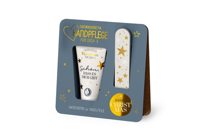 Handpflege-Set „Merry Christmas“ – Naturkosmetik-Handcreme &amp; Nagelfeile in graublauer Sterne-Verpackung