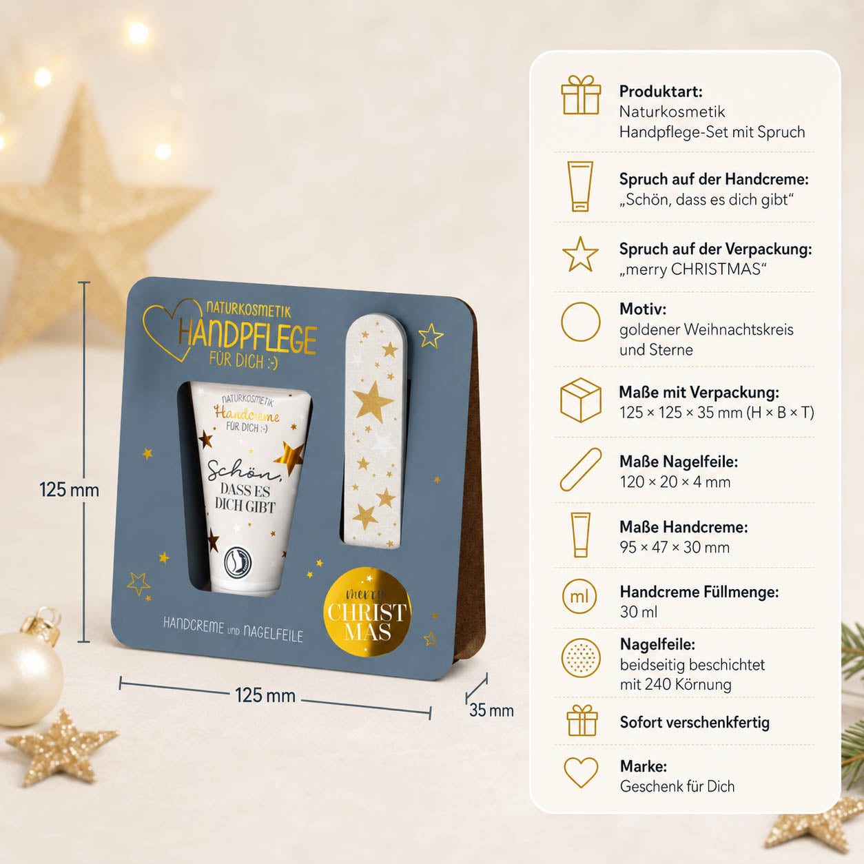 Handpflege-Set „Merry Christmas“ – Highlights: Handcreme 30 ml, Nagelfeile 240 Körnung, Naturkosmetik, vegan