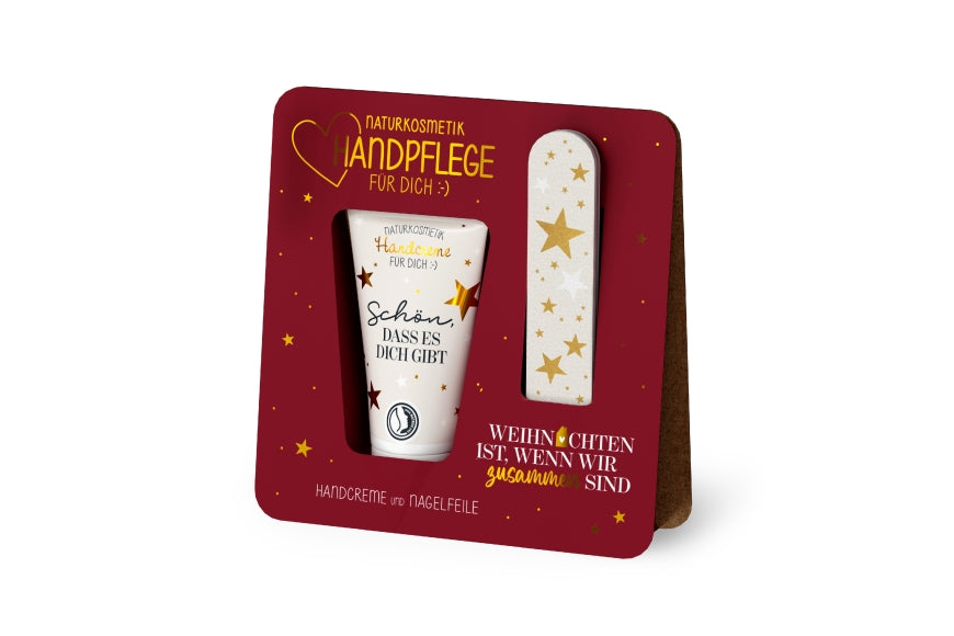 Handpflege-Set „Weihnachten ist, wenn wir zusammen sind“ – Naturkosmetik-Handcreme &amp; Nagelfeile in bordeauxroter Sterne-Verpackung