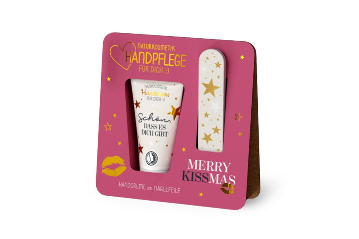 Naturkosmetik Handpflege-Set Merry Kissmas in rosa Verpackung mit goldenem Kussmund – Handcreme Schön dass es dich gibt + Nagelfeile – Geschenk für Dich