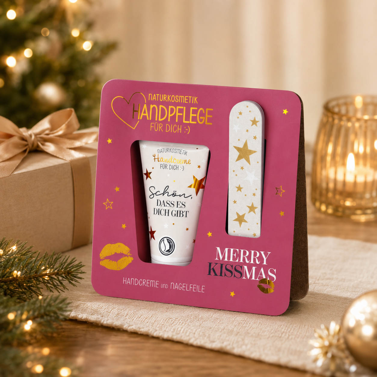 Handpflege-Set Merry Kissmas stimmungsvoll mit Sternen und Weihnachtsdeko – Geschenk für Dich